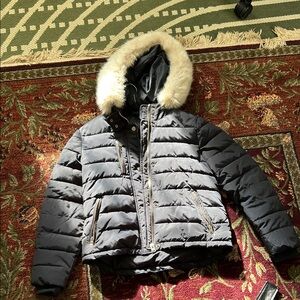 Topshop PETITE - Puffer Hooded Jacket with Faux Fur Trim - Navy Blue